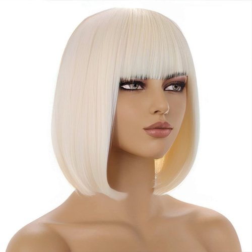 WTHCOS Blonde Wig with Bangs Short Straight Blonde Wig Short Blonde Wigs for Women Platinum Blonde Wig Bob Synthetic Wigs Daily Cosplay Party Wig with Wig Cap