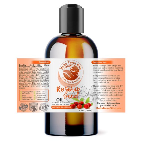 Bella Terra Oils - Organic Rosehip Seed Oil 8 oz - Capture Essence of Rose Hips, Infused with Fatty Acids & Carotenoids, Sublime Experience for Your Face