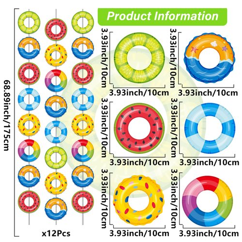 12 Pcs Summer Pool Banners Beach Party Decor Garland Kit Hawaii Summer Beach Hanging Swirl Swimming Ring Paper Cutouts for Tropical Hawaiian Aloha Luau Summer Pool Beach Birthday Favor Party Supplies