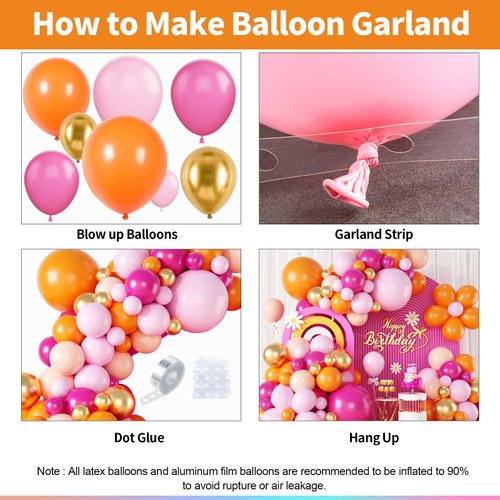 Pink and Orange Balloon Arch Garland Kit, Hot Pink Orange Gold Metallic Pastel Pink Balloon Arch Kit Latex Party Balloons for Birthday Baby Shower Tropical Party Supplies Party Decorations