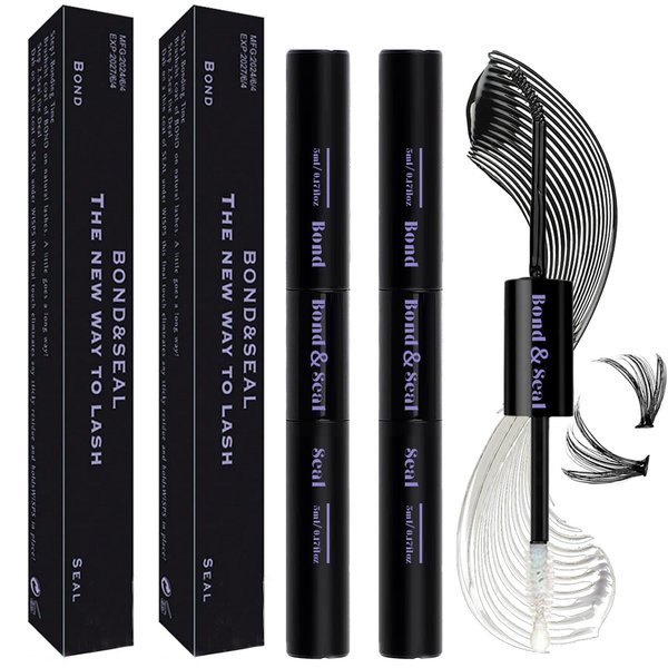 Qiveaory Lash Bond and Seal Kit 2Pcs DIY Lash Extension Waterproof Lashe Cluster Glue 72h Hold Portable Individual Lash Glue for Eyelash Extensions Beginners Black Bond&Clear Seal(5ml+5ml）