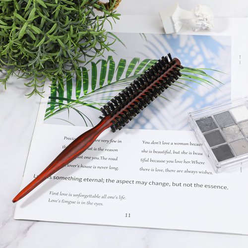 Small Boar Bristle Round Brush for Blow Drying, Styling - Wooden Handle, Soft Natural Bristles for Short/Thin Hair, Women and Men's Beard