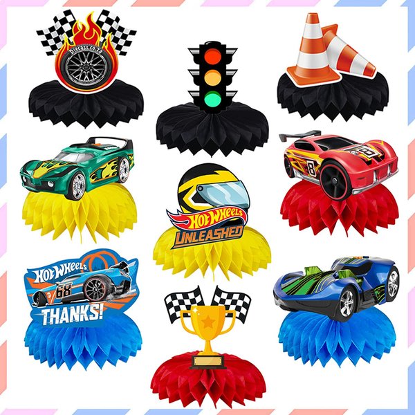 BAJCOHNG Race Car Party Decorations Honeycomb Centerpieces，race car birthday party supplies，race car birthday party supplies，9 Pieces Cars birthday Theme Party Honeycomb Centerpieces