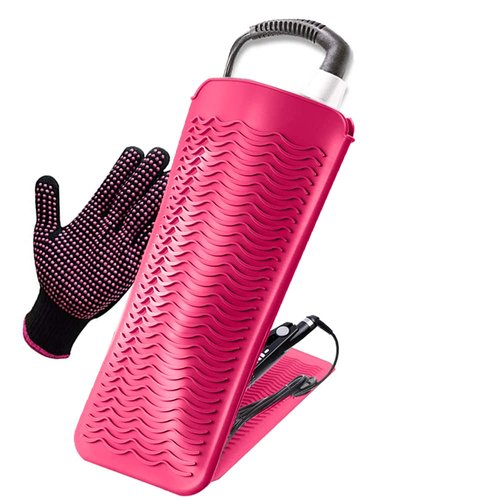 AFT90 Heat Resistant Silicone Mat Pouch and Glove for Curling Irons, Hair Straightener, Flat Irons and Hair Styling Tools 11.5" x 6", Food Grade Silicone, Pink