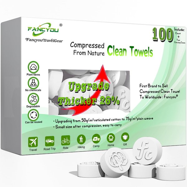 Fancyou Compressed Towel tablets,Disposable Face Compressed Towels,Thicken Cotton Facial Tissues,Daily Clean Cloth,Biodegradable Towel,With Travel Wipes Case For Home/Camping/Outdoor(100 Count)