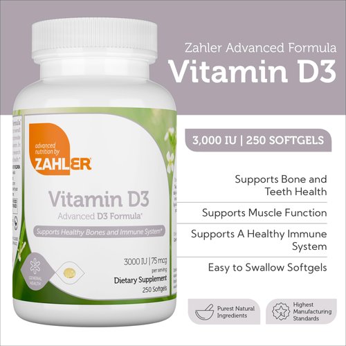 Zahler - Advanced Vitamin D3 3000 IU Softgels (250 Count) Kosher Vegetarian Friendly Vitamin D for Immune Support, Bone, Teeth & Muscle Health - Daily D3 Vitamin Supplement for Adults - Easy Swallow V
