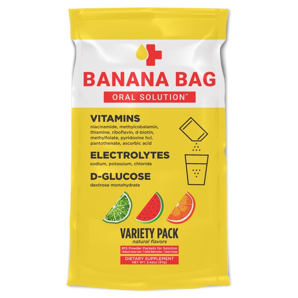 Banana Bag Oral Solution - Pharmacist Hydration Recovery Formula - Electrolyte & Vitamin Powder Packet Drink Mix - Variety Pack - Pack of 15
