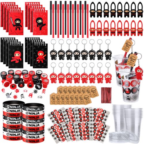 Wettarn Ninja Piñata Ninja Party Supplies Include Stretchy Flying Ninjas Toys Mini Notepads Silicone Wristband Key Chains Stickers Stamps Pens Plastic Cups with Lids Thank You Tags(161 Pcs,Classic)