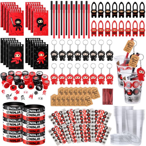Wettarn Ninja Piñata Ninja Party Supplies Include Stretchy Flying Ninjas Toys Mini Notepads Silicone Wristband Key Chains Stickers Stamps Pens Plastic Cups with Lids Thank You Tags(161 Pcs,Classic)