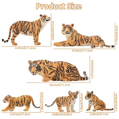 Toymany 6PCS Realistic Tigers Figurines with Tiger Cubs, 2-6" Jungle Animals Figures Family Set, Educational Toy Cake Toppers Christmas Birthday Gift for Kids Toddlers