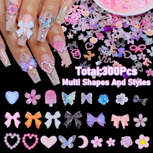 320Pcs 10Styles 3D Nail Gems and Rhinestones, Assorted 3D Nail Art Charms, Pink Planet Snake Cross Nail Rhinestones Charms, Mix Pink Butterfly Heart Bows Charms for Nails, Nail Art DIY Accessories