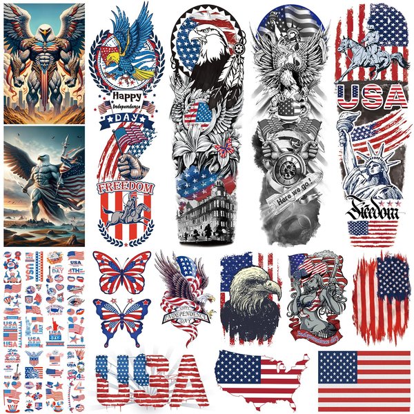 Independence Day Temporary Tattoo,4th of July Sleeve Tattoo, American Flag Fake Tattoos,Red White and Blue Party Supplies,USA Flag, Memorial Day, Independence Day, Labor Day