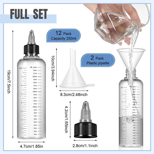 Barydat 12 Pcs Twist Top Applicator Bottle 8 oz Hair Dye Bottle Hair Squeeze Bottle Applicator Hair Oil Container with Ratio Graduated Scale, Black Open Close Nozzle and 2 Funnels for Shampoo Lotion