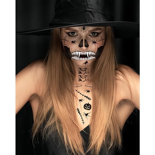 4 Sheet Scary Halloween Face Tattoos for Women Men, Fake Wound Scars Witch Zombie Makeup Kit for Girls Boys, 3D Spider Web Face Tattoo Sticker Dia de los Muertos Day of the Dead Face Paint
