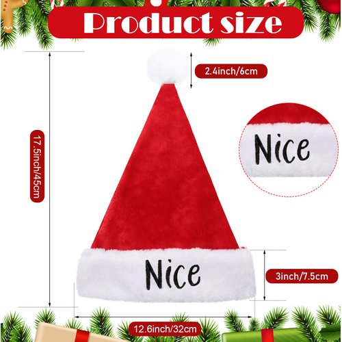 2 Pieces Naughty and Nice Plush Christmas Santa Hats Buffalo Plaid Holiday Hat for Christmas Party Supplies (Red, Black, Adult Size)