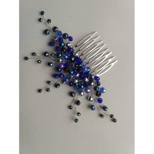Kercisbeauty Handmade Boho Wedding Hair Comb with Navy Blue Crystal Beads for Brides Bridal Silver Headpiece Prom Hair Accessories