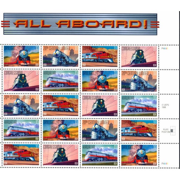 All Aboard: Railroad (Sheet of 20) 33 Cent US Postage Stamps 1999 Scott 3333-3337
