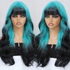 JulyQueen 26" Long Wave synthetic wigs with Bangs ocean mint blue wig Layered Wigs for Women Ombre Synthetic wigs for Daily Party Use (Blue)