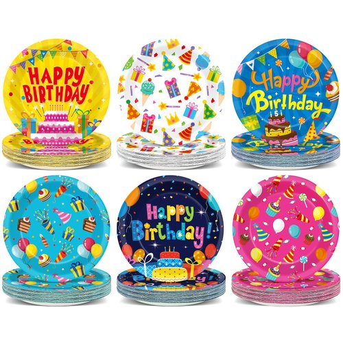 60Pcs Happy Birthday Party Supplies 7” Colorful Birthday Plates Colorful Happy Birthday Tableware Party Decorations for Kids Boys Girls Baby Shower Birthday Cake Dinnerware Party Favors for 60 Guest