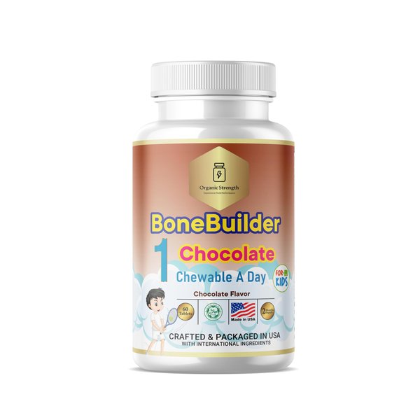 Organic Strength Kids Bone Builder 1 Chewable A Day Halal Vitamins Chocolate Flavor for Age 4-12 60 Servings