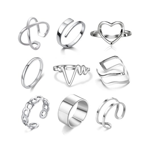 Loqimu 9 Pack Stackable Rings for Women Stainless Steel Rings Aesthetic Adjustable Silver Rings Set for Teen Girls Simple Finger Rings Knuckle Midi Rings Size 9 8 7 10 Vintage Jewelry Rings