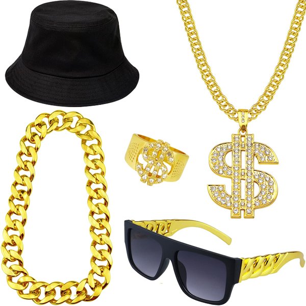 KIDOFLY 5 Pcs Hip Hop Costume Kits 80s/90s Rapper Accessories Outfit Big Chunky Plastic Gold Chain Money Necklace Gold Ring Twist Leg Punk Sunglasses Bucket Hat for Man Women Party Supplies
