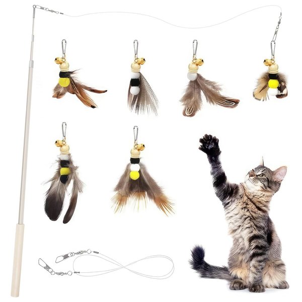 YVIEHTTEM Cat Fishing Pole Toy Cat Teaser Wand Toy with Feather Attachments Retractable Long Stick Rod Wood Handle with Bells for Kitty Entertainment Bored Indoor Interactive Birthday Gifts(7 PCS)