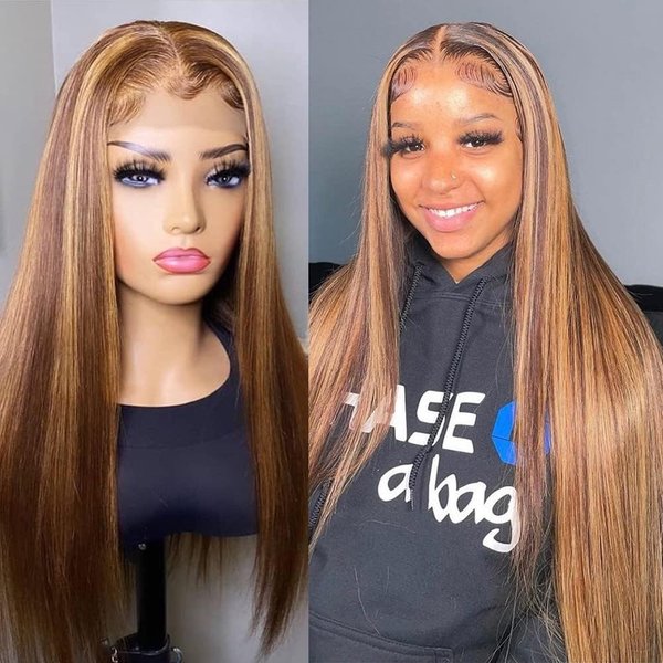 Ombre Highlight Lace Front Wig Human Hair 13x4 HD Straight Lace Front Wigs 180% Density Wear and Go Glueless Wig Human Hair Pre Plucked 4/27 Colored Honey Blonde HD Lace Frontal Wigs For Black Women
