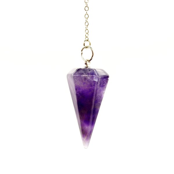 Divination Pendulum Made of Natural Violet Amethyst Crystal for Dowsing Chakra Reiki. Pointed with Chain and Jewelry Pouch