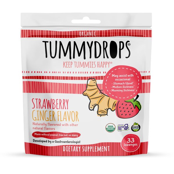 USDA Organic Strawberry Ginger Tummydrops, Gluten Free & Vegan, 33 Individually Wrapped Organic Ginger Lozenges