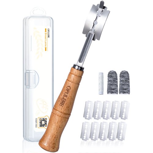 Bread Lame Dough Scoring Tool with Storage box, Pre Installed Blade Open Ready to Use, Included 10 Blades, Pattern Marking String, Cut Proof Finger Cots,Wood Handle with Magnetic, for Sourdough Baking