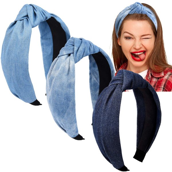 Giegxin 3 Pieces Jean Denim Headband Knot Headband for Women Hair Band Elastic Knotted Blue Headbands Hair Accessories Headwear for Women and Girls, 3 Colors