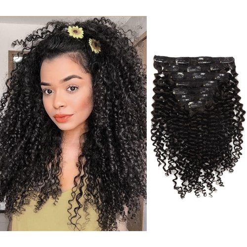 Loxxy Jerry Curly Natural Black Color Clip in Human Hair Extensions Real Remy Human Hair 120 Gram 3B 3C Curl Double Weft Full Head for Black Women with 7 Pieces 17clips Per Pack 12 Inch #1B