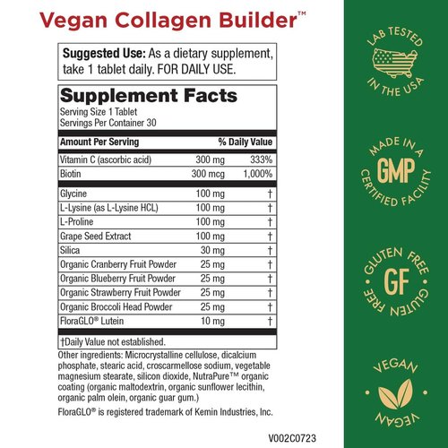 Vegan Collagen Builder - Organic Whole Foods Fruits + Veg, Silica, Lutein, Vitamin C, Biotin, Grape Seed - Amino Acids Glycine, Lysine + Proline Collagen Boosters - Once A Day - 30 Tablets