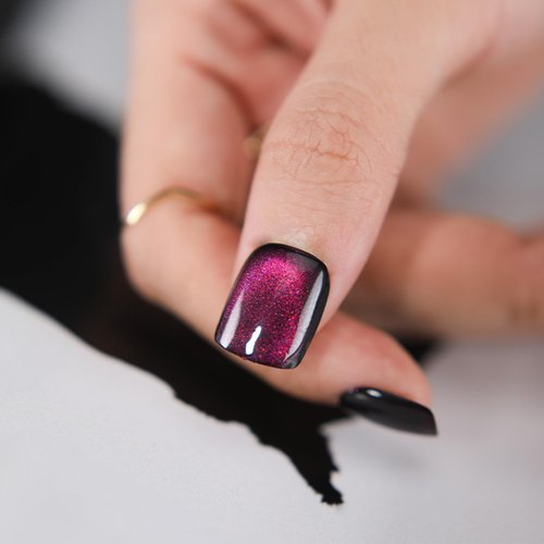 Press on Nails Short Square MAOTTIE Purple Discoloration Cat Eye False Nails UV Finish Fake Nails Gel Glitter Reusable Glue on Nails Short for Women 12 Size-24 Pcs