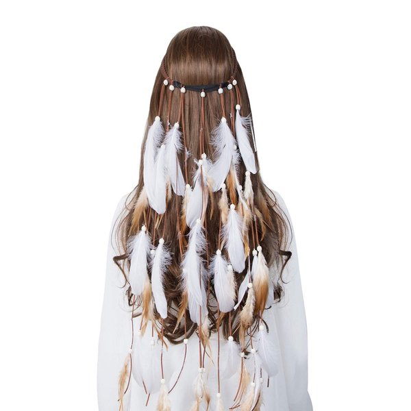 AWAYTR Hippie Feather Headband Boho Headdress Feather Crown Elastic Gypsy Festival Headband Indian Hair Accessories (White#2)