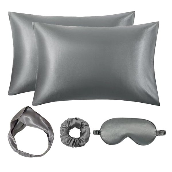 Sukalia Satin 5-Piece Gift Sleep Set Pillowcase Eye Mask Scrunchies Pillow Case Blindfold with Headband for Women (Gray)