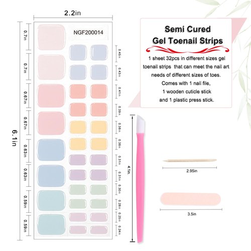 WOKOTO Semi Cured Gel Nail Strips For Toenails, 16 Size 32 Tips Multicolor Pastels Toe Nail Polish Strips With Nail File & Wooden Stick, Works With Lamps, Salon-Quality, Long Lasting, Easy To Use