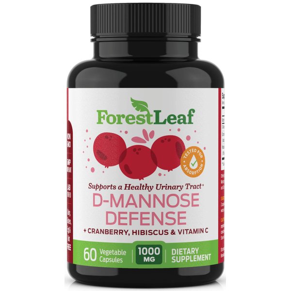 ForestLeaf D-Mannose Defense 1000mg - D Mannose with Cranberry, Hibiscus and Vitamin C - for Urinary Tract Health and Cleanse, Urinary Pain & Bladder Control - 60 Veggie Capsules
