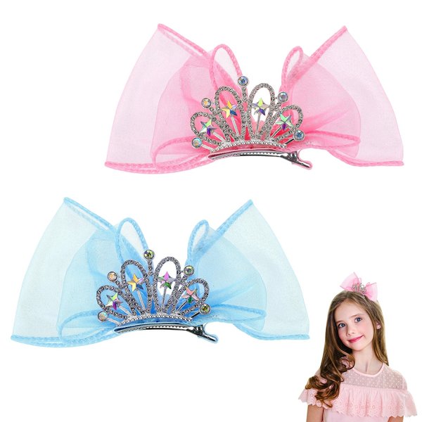 JIYIN 2 Pcs Crown Bow Hair Clips, Diamond Crown Hair Bows Princess Headband Metal Snap Sparkly Hair Styling Accessories for Girls & Kids Halloween Birthday Christmas Gift(Blue+Pink)