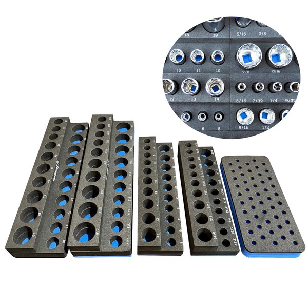 ToolGear Socket Organizer, Easy to Read Size labels, 80 sockets w/added 50 hex bit holder, holds deep & standard sockets, metric & standard, 3/8 and 1/4 inch drive socket holder, tool organizer trays