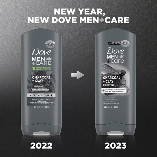 DOVE MEN + CARE Purifying Charcoal + Clay Body and Face Wash with 24-Hour Nourishing Micromoisture Technology Body Wash for Men, 13.5 oz