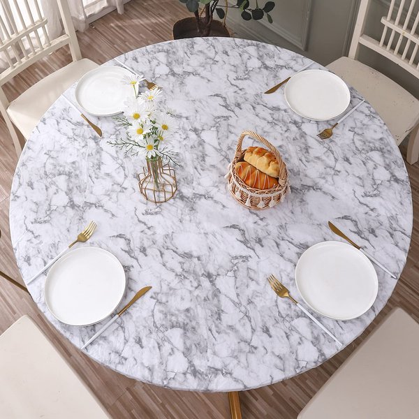 Round Vinyl Fitted Tablecloth with Flannel Backing Elastic Edge Design Table Cover Waterproof Oil-Proof Plastic Table Cloth Stain-Resistant Wipeable for Round Table