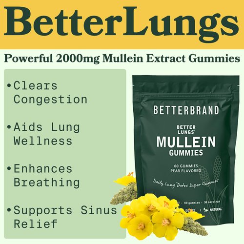 Betterbrand BetterLungs - Daily Respiratory Health Gummies | 1000mg Mullein Leaf herb Extract, Pear Flavor | Lung Health & Sinus Relief (30 Day Supply)