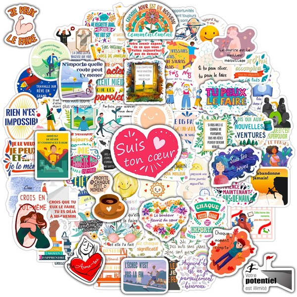 HomSeon Vinyl French Motivational Stickers for Students, 100pcs, Inspirational Quotes, Waterproof, Reusable, for Journaling, Planner Decoration, Daily Life Motivation