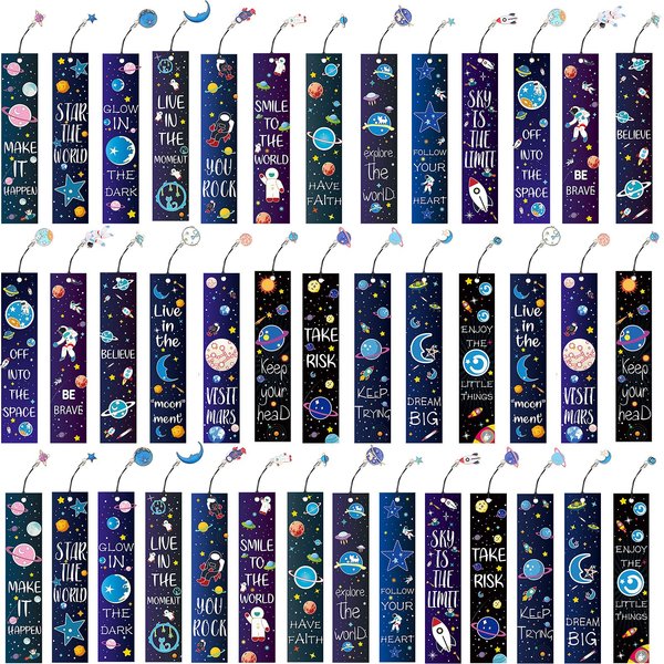 Zonon Space Theme Bookmarks with Metal Charms Planet Rocket Space Ship Theme Bookmarks Inspirational Quotes Bookmarks Cards for Space Party Favors Students Kids Adults Encouragement (40 Pieces)
