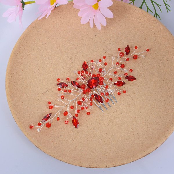 Wedding Hair Accessories, Beusoulover Romantic Red Bridal Hair Comb, Opal Red Crystal Beaded Hair Vine Piece, Crystal Rhinestone Headpiece for Festival, Prom, Party, Brides, Bridesmaid