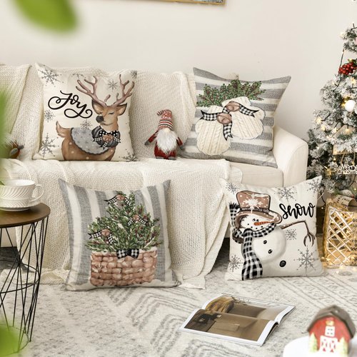 AVOIN colorlife Christmas Snowman Reindeer Gloves Eucalyptus Throw Pillow Covers, 18 x 18 Inch Winter Holiday Stripes Cushion Case Decoration for Sofa Couch Set of 4