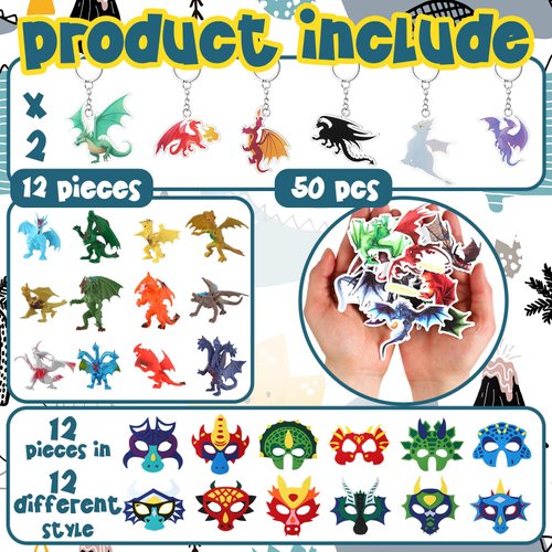 RoundFunny 86 Pcs Dragon Theme Birthday Party Favors Include 12 Felt Dragon Masks 12 Mini Dragon Figures 12 Flying Dragon Keychain and 50 Dragons Stickers for Birthday Gift