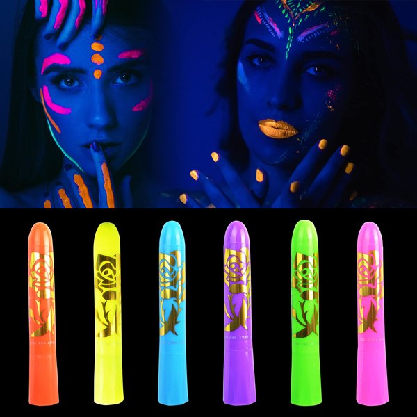 6Pcs Glow in The Dark Body Face Paint Neon Glow in The Black Light UV Fluorescent Crayons Paint Sticks Makeup Kit for Kids Adults Halloween Masquerade Mardi Gras Blacklight Birthday Party